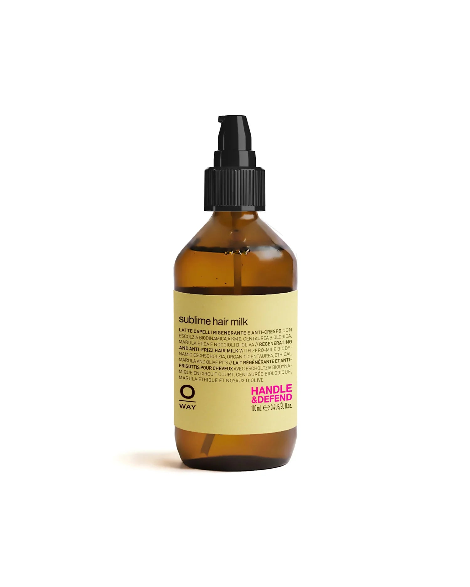 Brown bottle of OWAY sublime hair milk on a white background