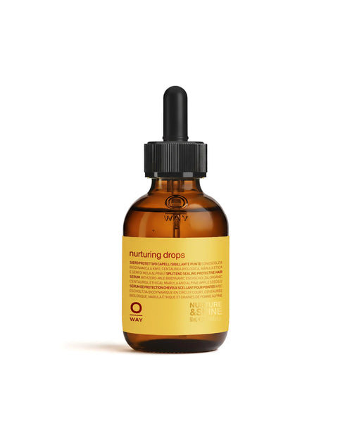 Brown glass bottle with OWAY copper labeled 'nurturing drops' on a white background