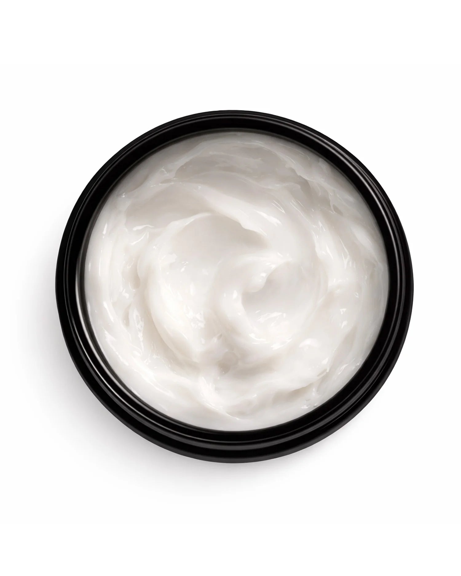 Black container filled with white OWAY shaping putty cream on a white background